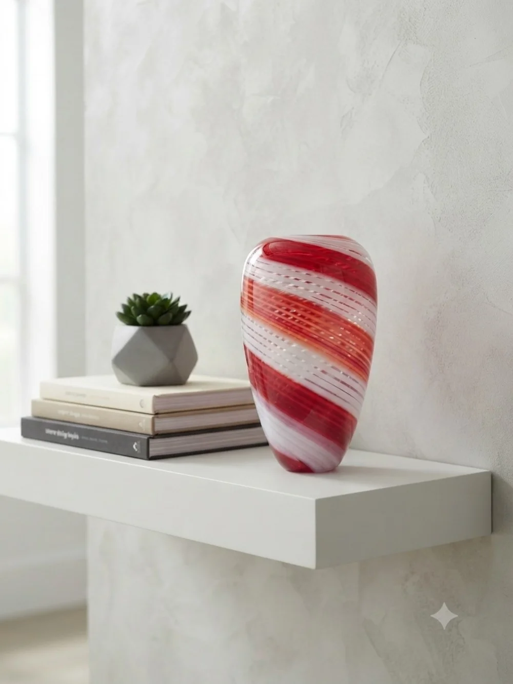 Handcrafted Studio Art Glass Vase Red White & Clear Swirl Spiral Pattern 10 X 7
